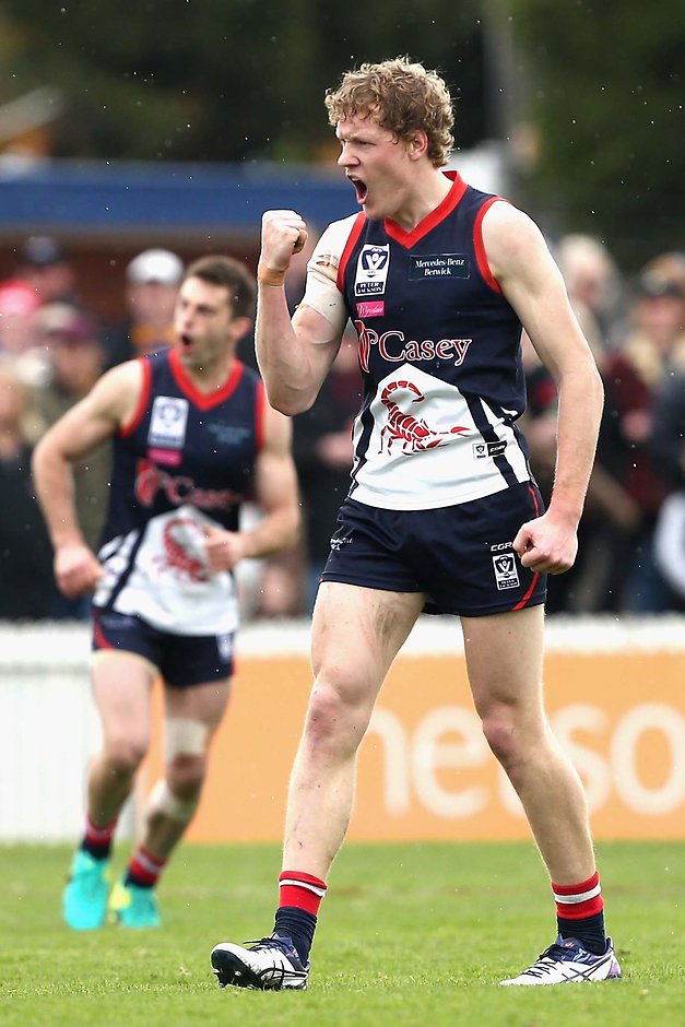 2016 VFL 1st Preliminary Final - Casey Scorpians v Williamstown MELBOURNE, AUSTRALIA - SEPTEMBER 18: Declan Keilty of Casey Scorpions celebrates a goal during the VFL 1st Preliminary Final match between Casey Scorpions and Williamstown at North Port Oval on September 18, 2016 in Melbourne, Australia. (Photo by Rob Prezioso/AFL Media)